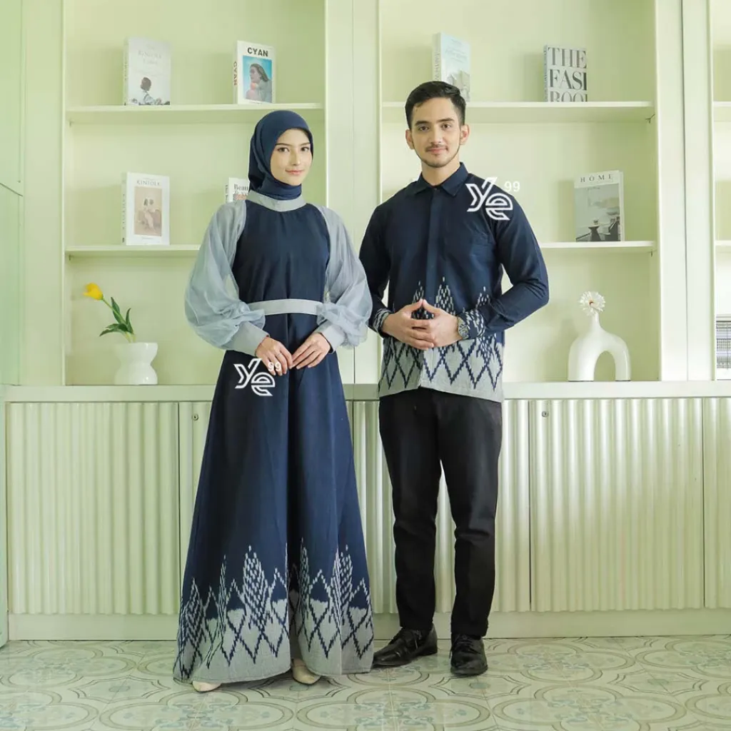 YAYAETHNIC Syahira couple navy kemeja tenun pria dan dress wanita, gamis kondangan ethnic, baju couple kondangan, gamis couple prewed