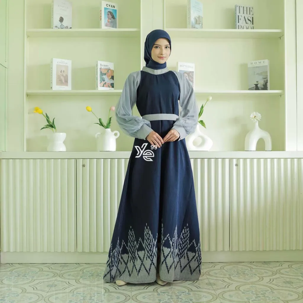 YAYAETHNIC Syahira couple navy kemeja tenun pria dan dress wanita, gamis kondangan ethnic, baju couple kondangan, gamis couple prewed