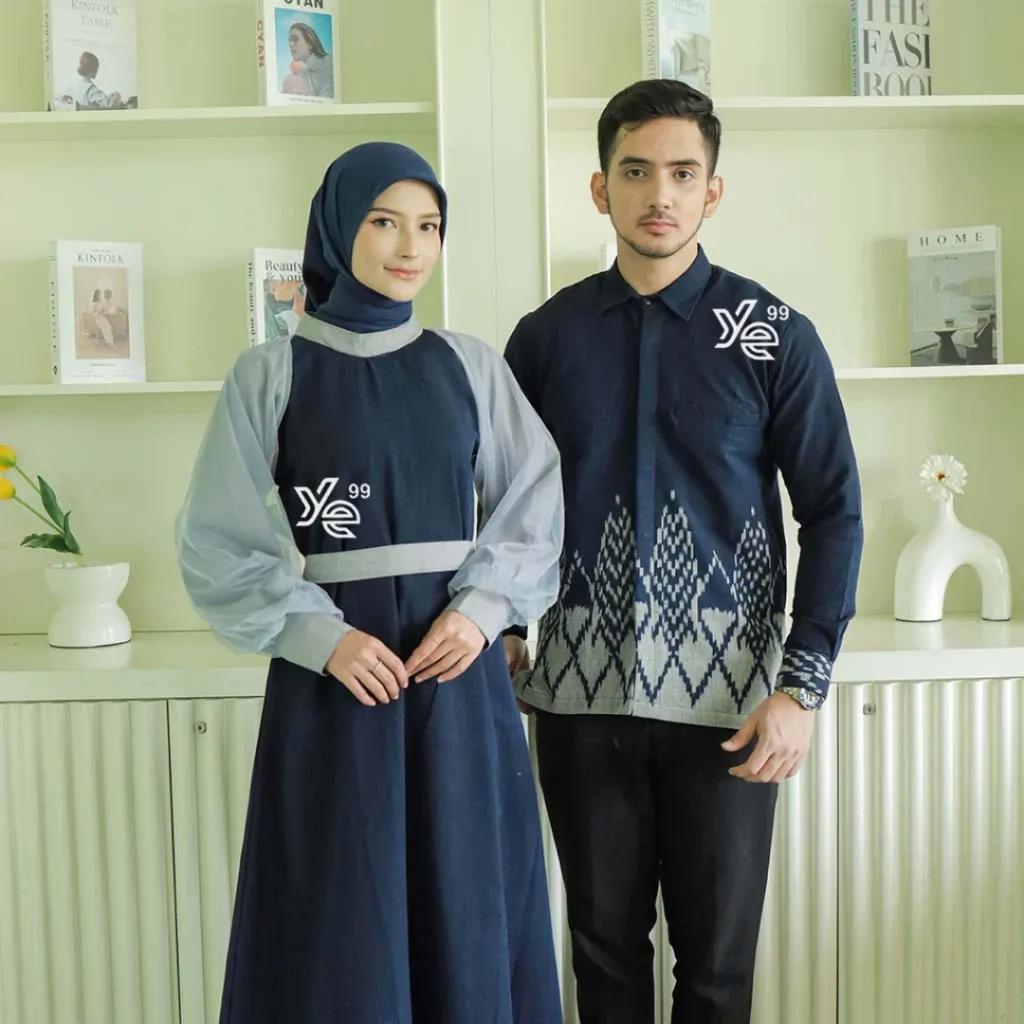YAYAETHNIC Syahira couple navy kemeja tenun pria dan dress wanita, gamis kondangan ethnic, baju couple kondangan, gamis couple prewed